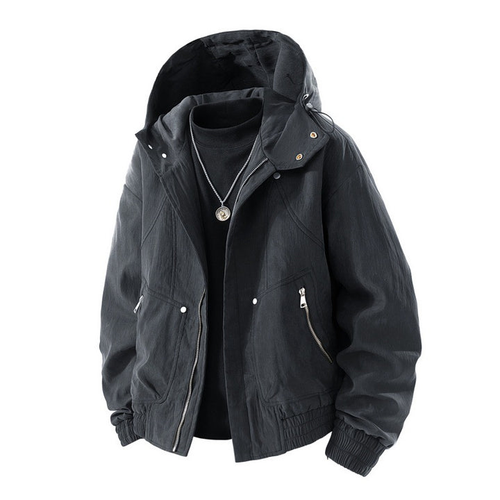Men's lightweight utility hooded jacket with stowable hood, water-repellent coating, zippered pockets, and elastic cuffs Mune Fashion
