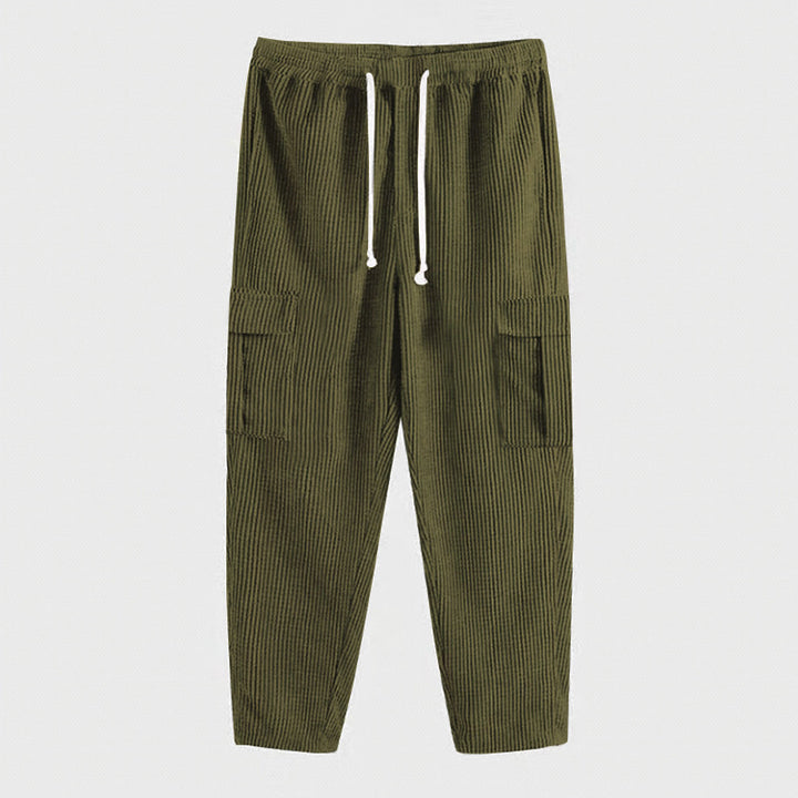 Men's corduroy jogger-style pants with elastic drawstring waistband, flap cargo pockets, and tapered leg Mune Fashion