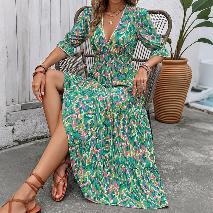 Women Long Maxi Dress with Ruffle Details and V-Neck Mune Fashion