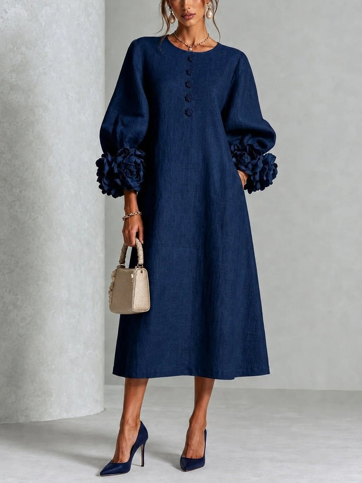 Women's midi dress made of linen with balloon sleeves and 3D flower cuffs Mune Fashion