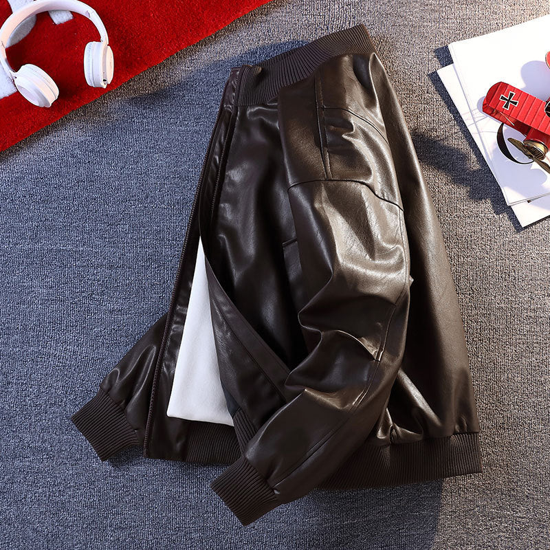 Men's Faux Leather Bomber Jacket with Elastic Ribbed Cuffs and Practical Pockets Mune