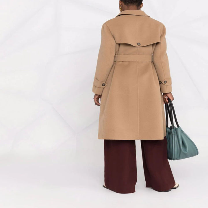 Women's tailored double-breasted wool blend coat with tie belt and A-line cut Mune Fashion