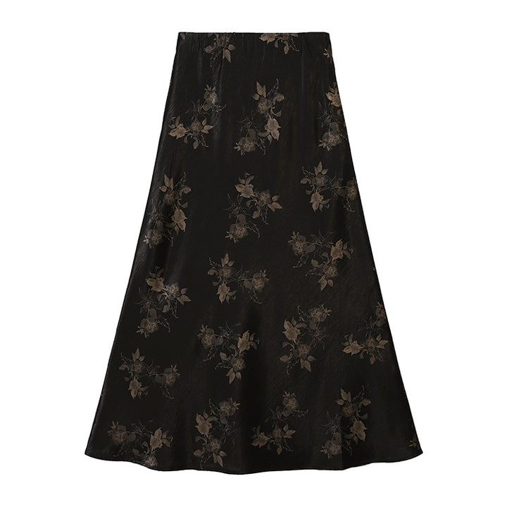 Women's high-waisted A-line midi skirt in jacquard-like satin with floral relief print.