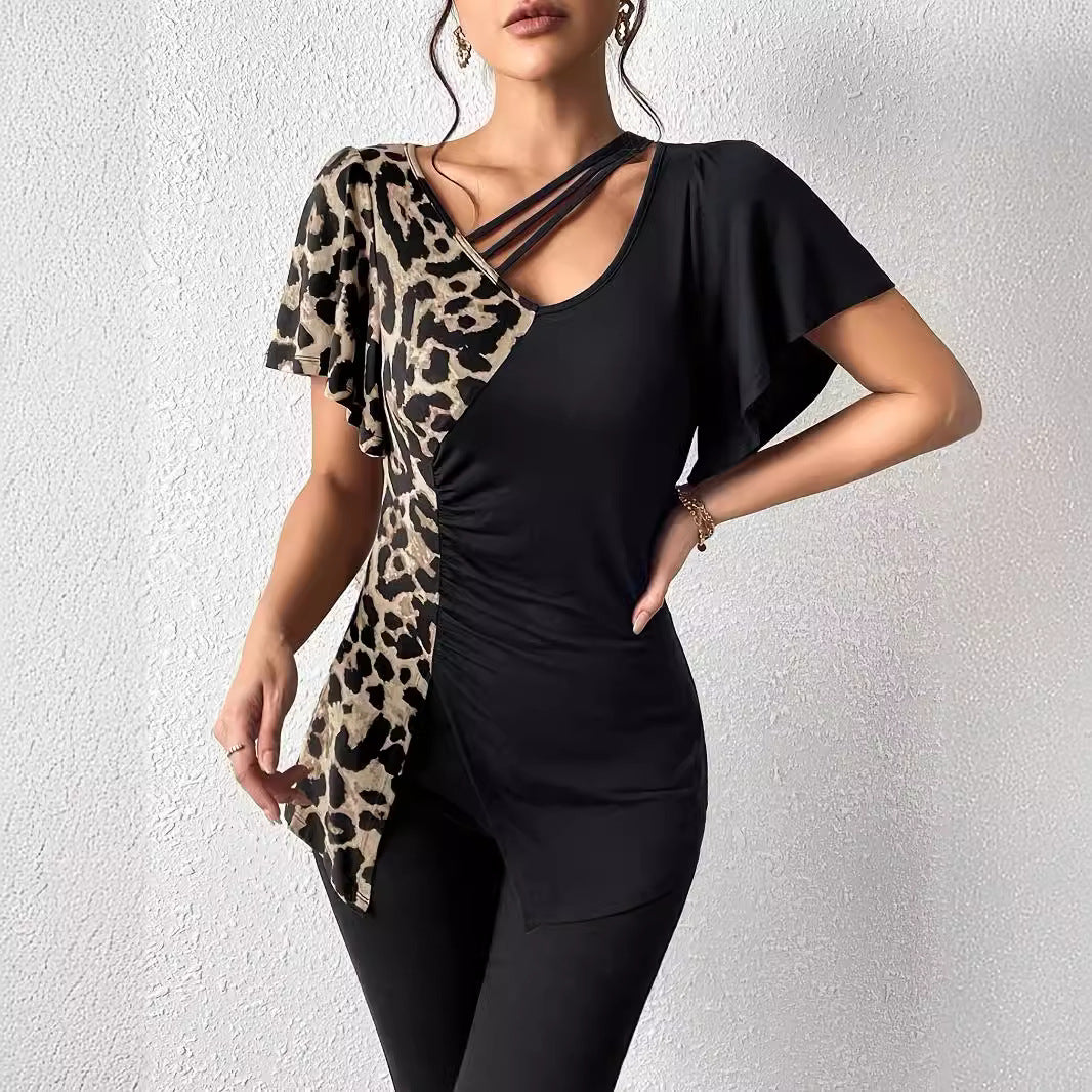 Women's asymmetrical stretch tunic with leopard print side insert and multiple straps Mune Fashion