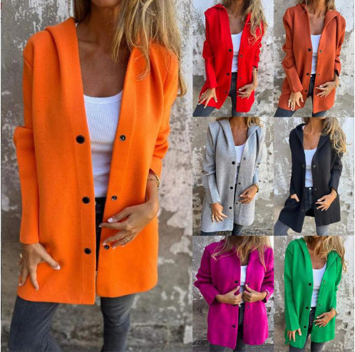 Women's hooded coat mid-length cotton blend with snap button placket and side pockets Mune Fashion