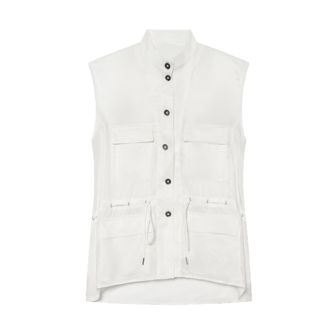 Women’s Utility Vest with Drawstring, Flap Pockets and Stand Collar Mune Fashion