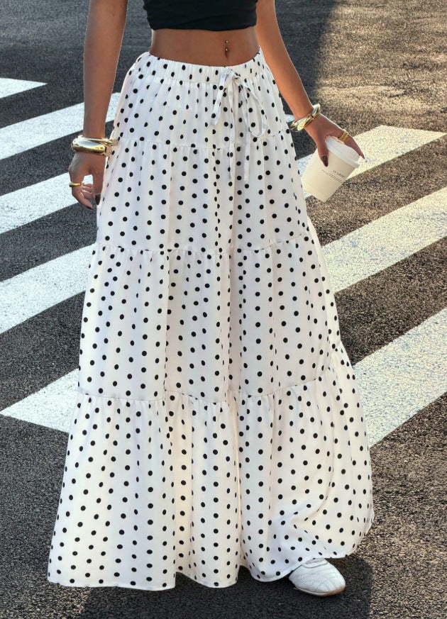Women Striped Maxi Skirt with Elastic Waistband and Polka Dot Pattern Mune Fashion