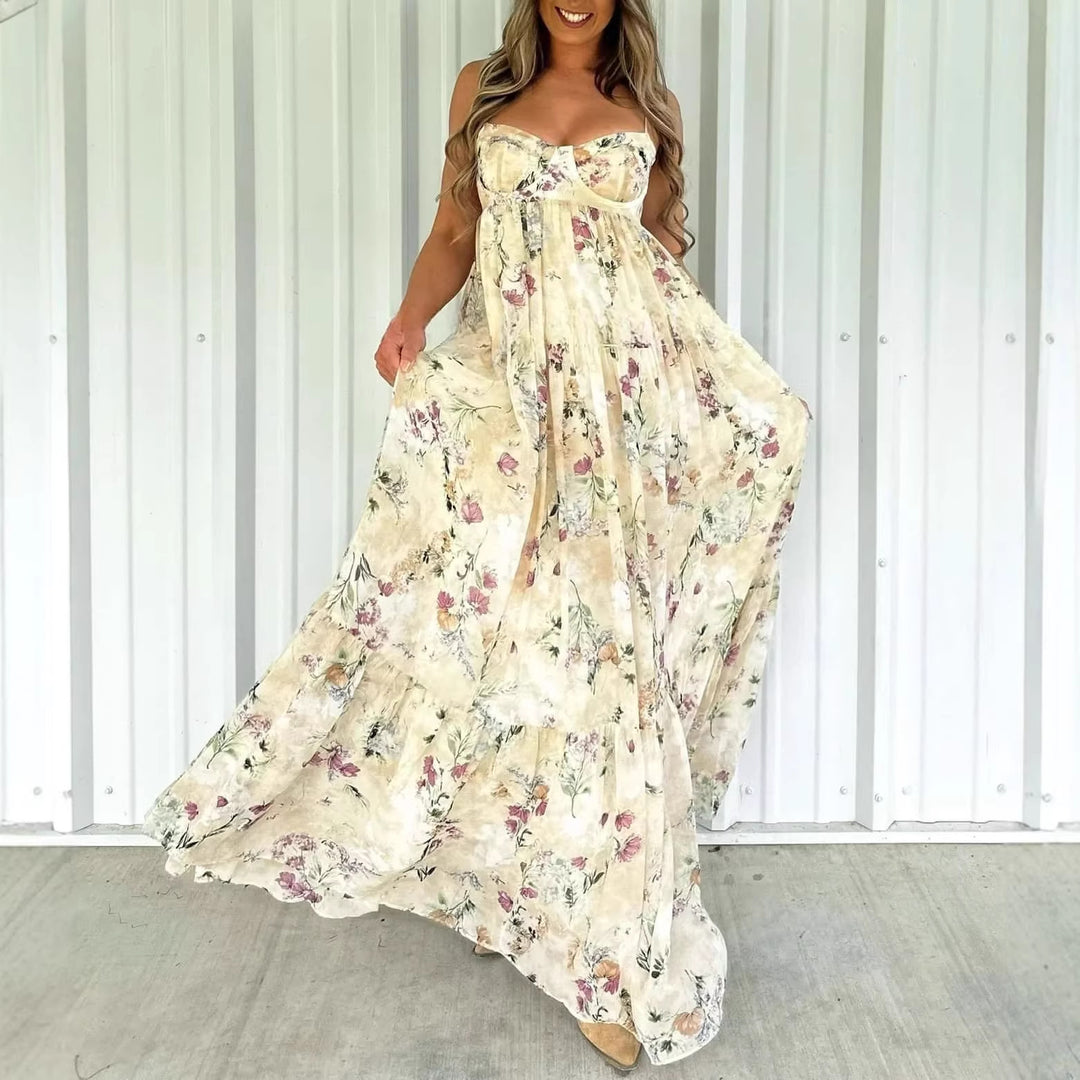 Women’s strapless maxi dress with heart-shaped bustier, gathered empire waist and soft tiered skirt Mune Fashion