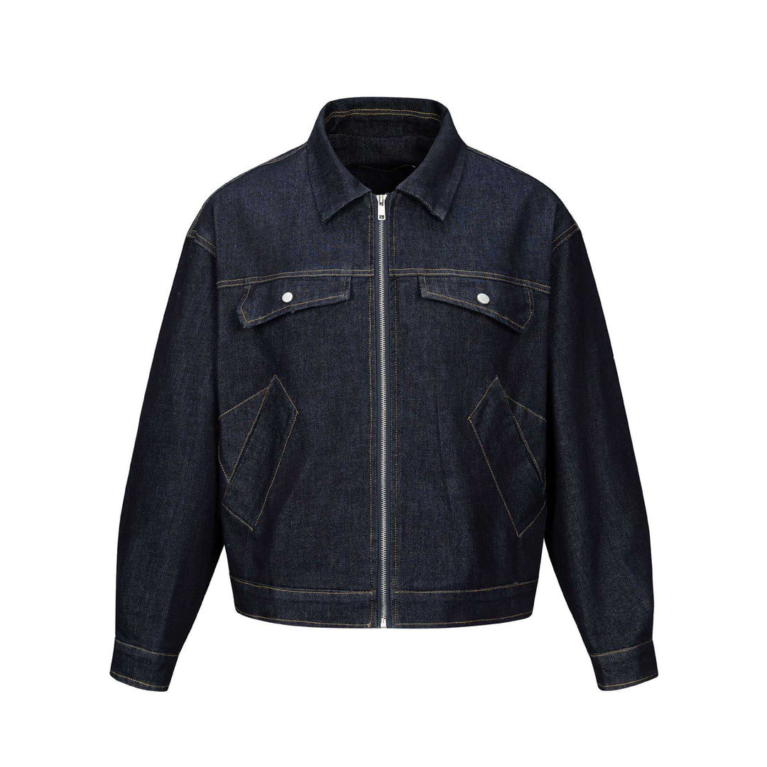 Unisex Tailored Denim Jacket with Metal Zipper and Flap Pockets Mune Fashion