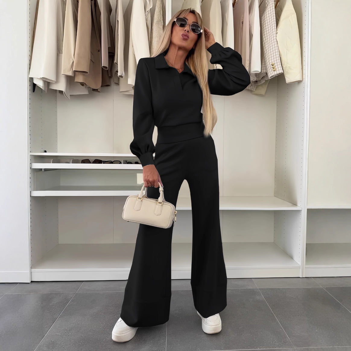 Women's Two Piece Lounge Set with Polo Collar and High Waist Palazzo Pants Mune Fashion