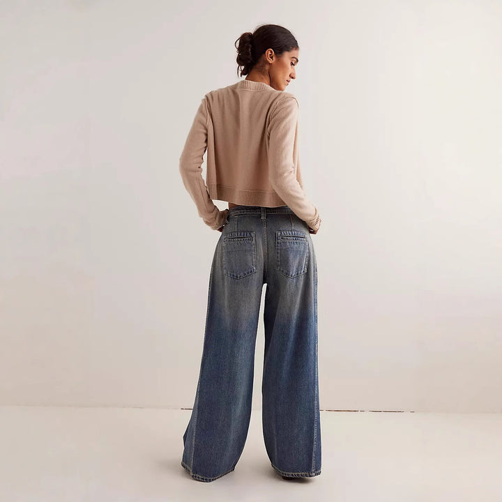 Ladies' extra wide high-waist palazzo jeans with a high waistband, drop crotch, and faded vintage look Mune Fashion