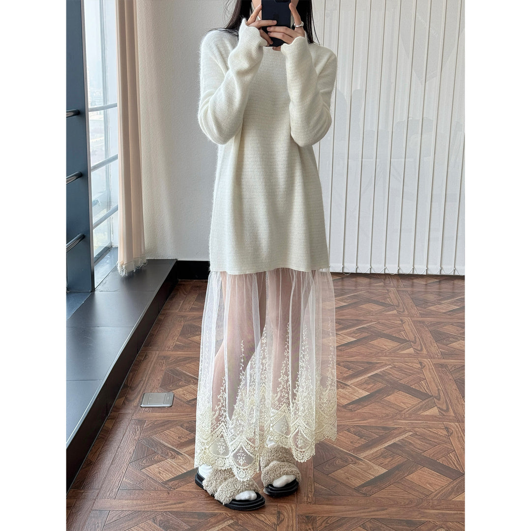 Women's Oversized Knit Dress with Stand Collar and Extended Sleeves Mune Fashion