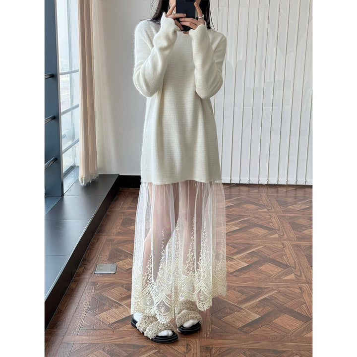 Women's Oversized Knit Dress with Stand Collar and Extended Sleeves Mune Fashion