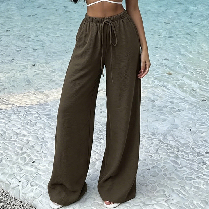 Women's Wide Lounge Pants with Elastic Waist and Drawstring Mune Fashion