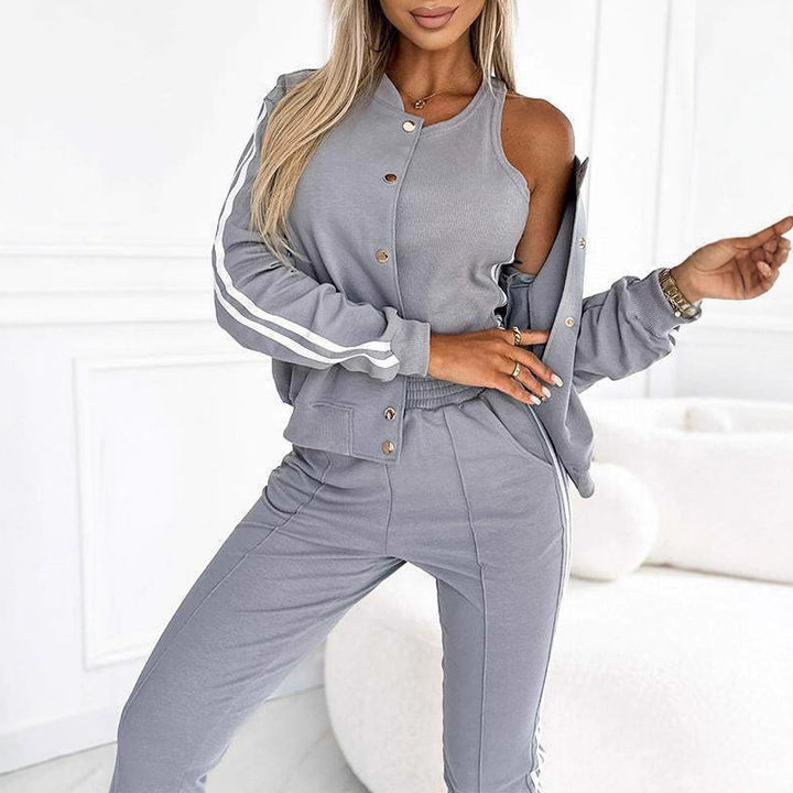 Women's trendy jogging suit set with college jacket, short top and slim-fit jogging pants Mune Fashion