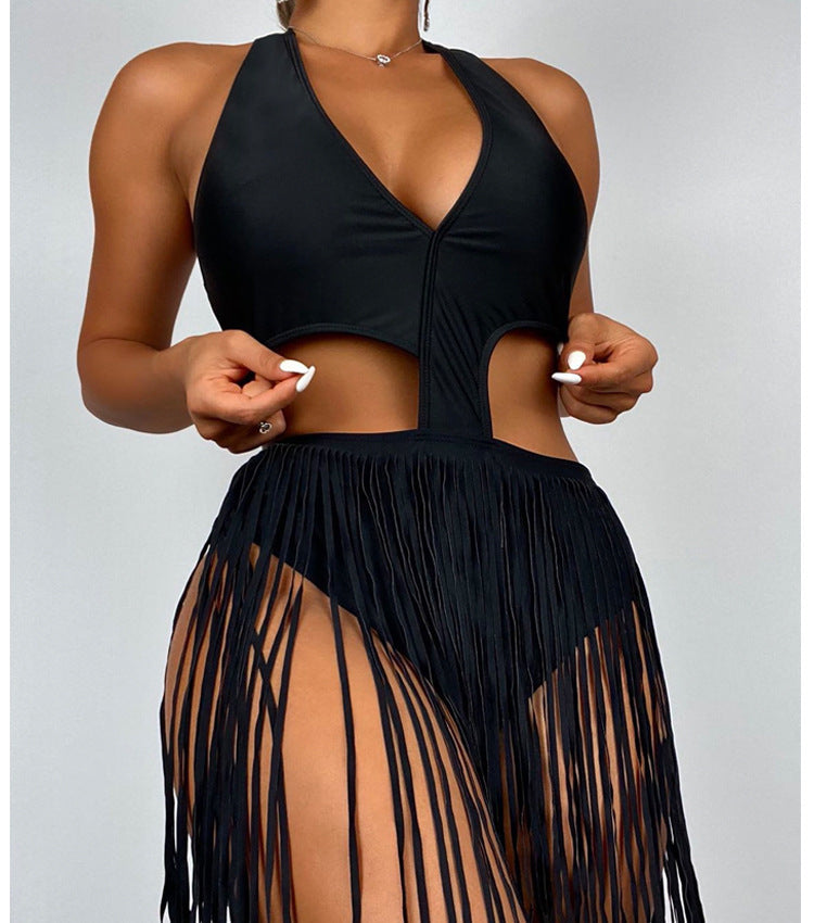 Women's one-piece swimsuit with refined cut-outs and fashionable fringes Mune Fashion