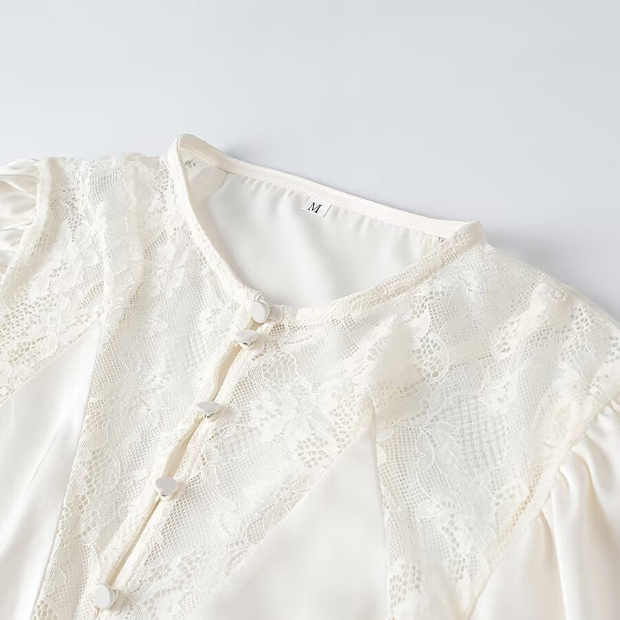 Ladies Romantic Lace Blouse with Drawstring Waist, Ruffled Hem and Balloon Sleeves Mune Fashion