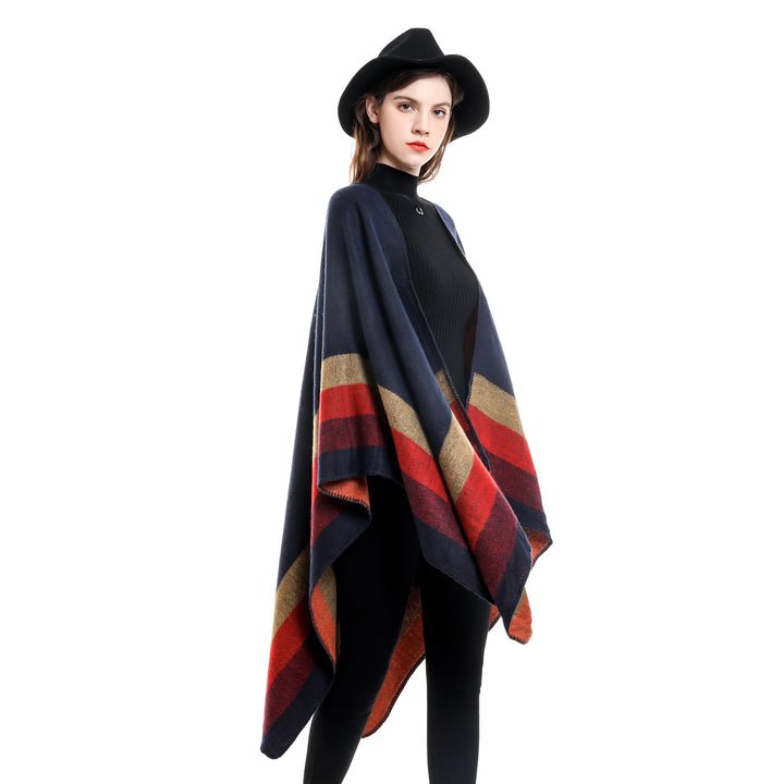 Ladies Open Knit Cape Poncho with Contrasting Color Block Stripes and Decorative Stitch Mune Fashion