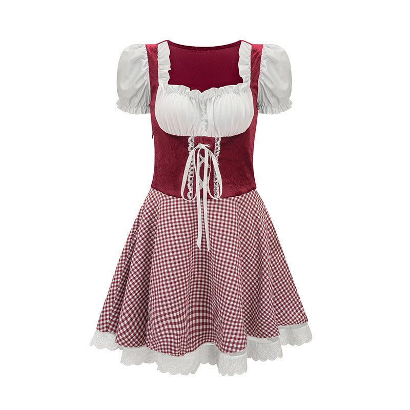 Women’s mini dirndl inspired by Bavarian style with laced bodice, puff sleeves, and checkered skirt Mune Fashion