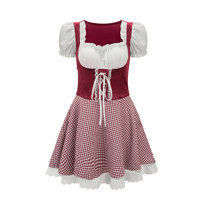 Women’s mini dirndl inspired by Bavarian style with laced bodice, puff sleeves, and checkered skirt Mune Fashion