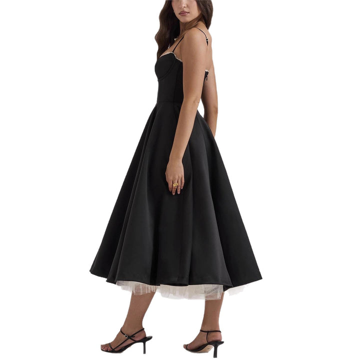 Women's tailored retro-inspired midi dress with corset underbust seams, flared skirt, and side pockets Mune Fashion