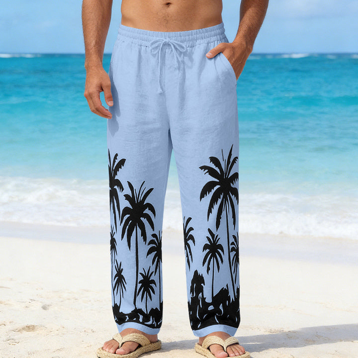 Men's Linen Look Beach Pants with Palm Print Relaxed Fit and Drawstring Mune Fashion
