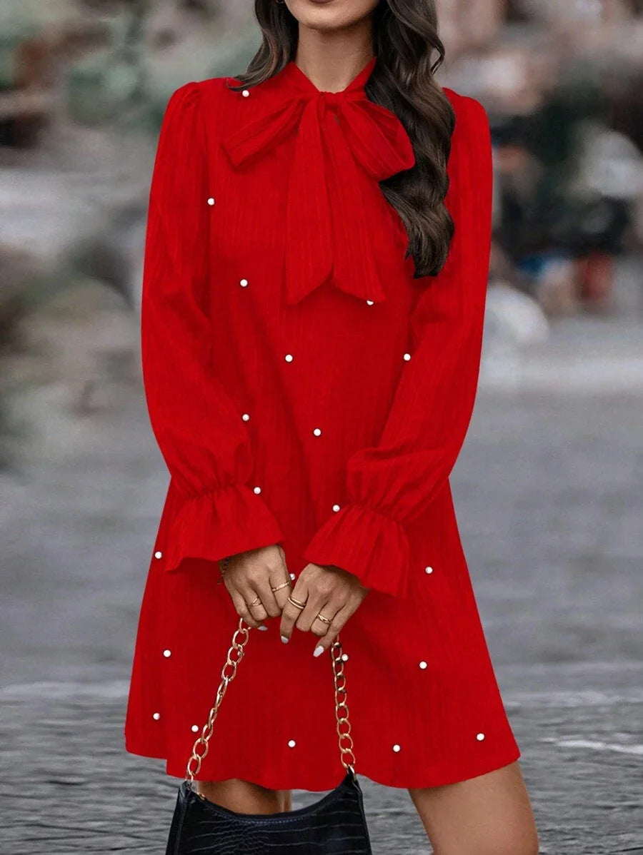 Women Elegant Mini Dress with Bow Collar and Ruffles Mune Fashion