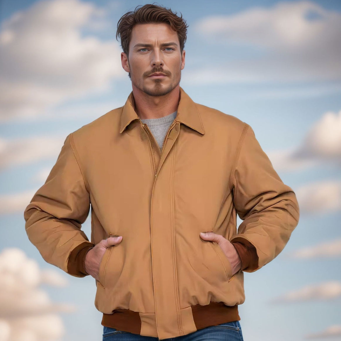 Men's short bomber jacket made of soft synthetic leather with ribbed cuffs Mune Fashion