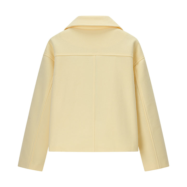 Women Short Boxy Peacoat in Wool Blend with Double-Breasted Button Placket and Piped Pockets Mune Fashion
