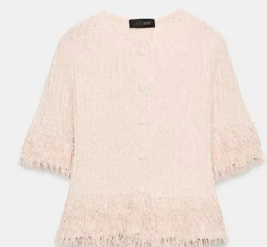Women's Short Sleeve Boucle Cardigan with Textured Knit, Fringe Trim and Covered Buttons Mune Fashion