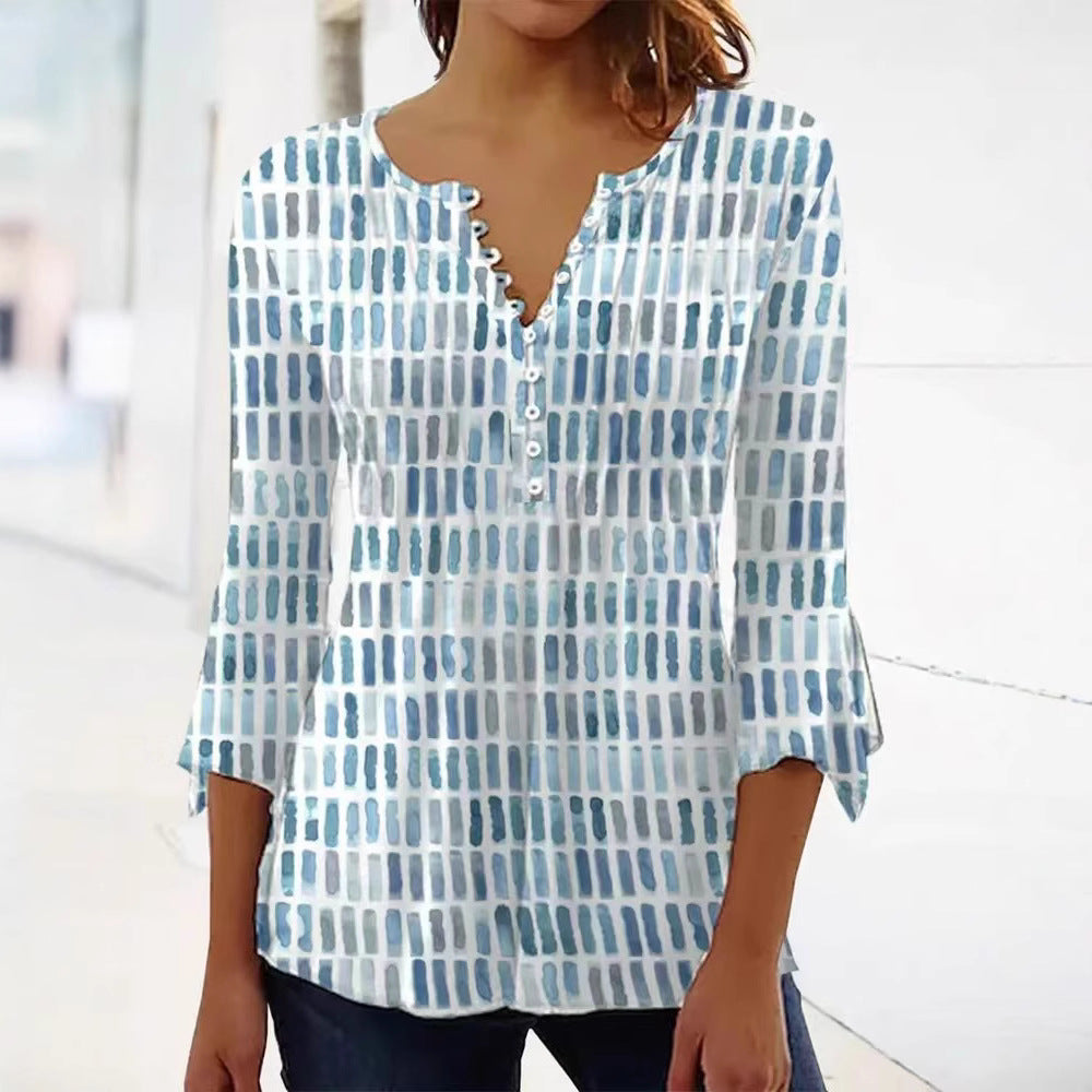 Women nan airy light watercolor print blouse shirt with Henley button placket and three-quarter bell sleeves Mune Fashion