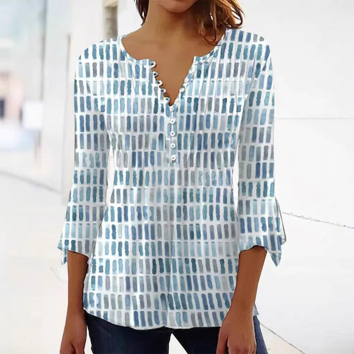Women nan airy light watercolor print blouse shirt with Henley button placket and three-quarter bell sleeves Mune Fashion