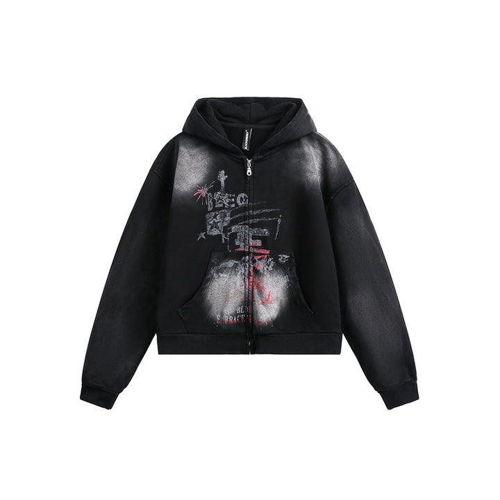 Unisex hoodie zip jacket in urban graffiti print with kangaroo pocket and boxy cut Mune Fashion