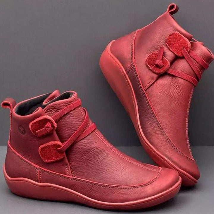 Women's ankle-high soft leather slip-on ankle boots with loop wrap straps and ergonomic rubber sole Mune Fashion