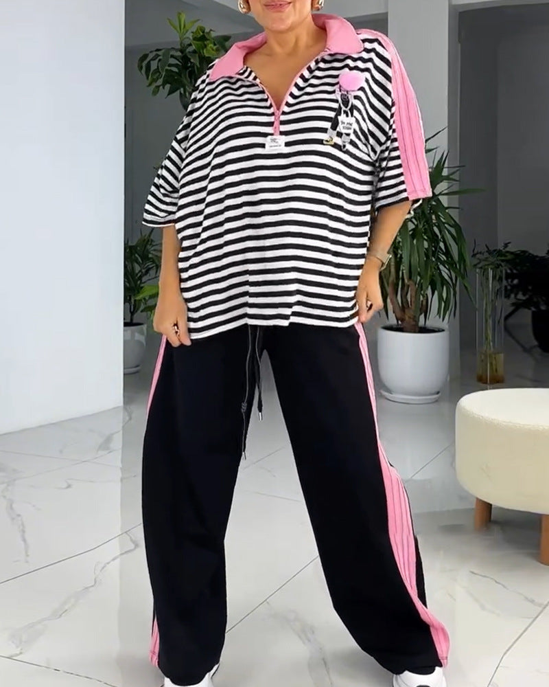 Women's casual two-piece polo lounge set with oversized stripes, pompom application, and contrasting side panels Mune Fashion