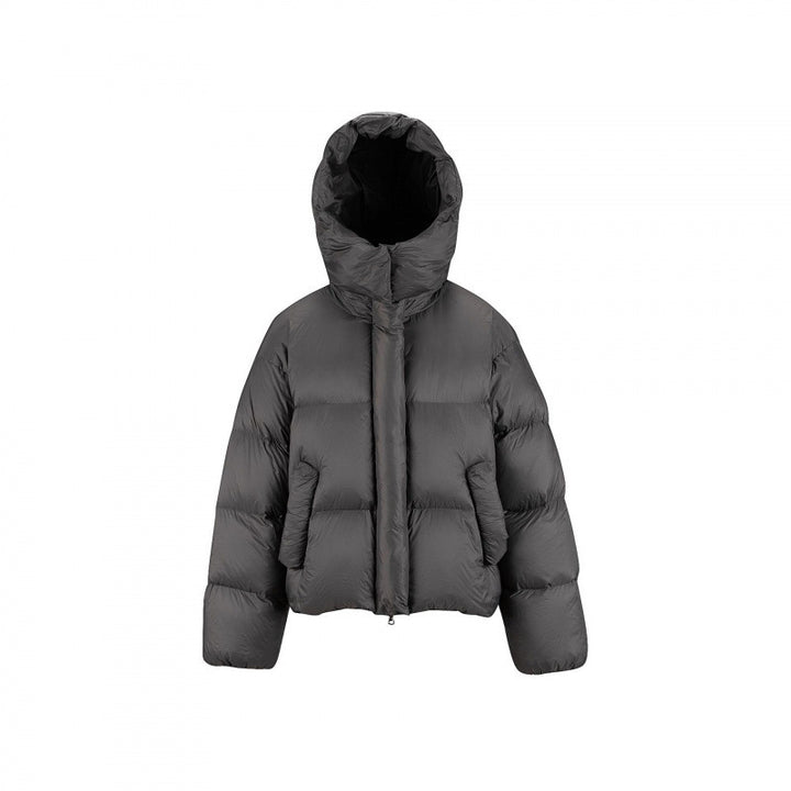 Women's Short Padded Crop Quilted Jacket with Volume Hood and Concealed Snap Placket Mune Fashion
