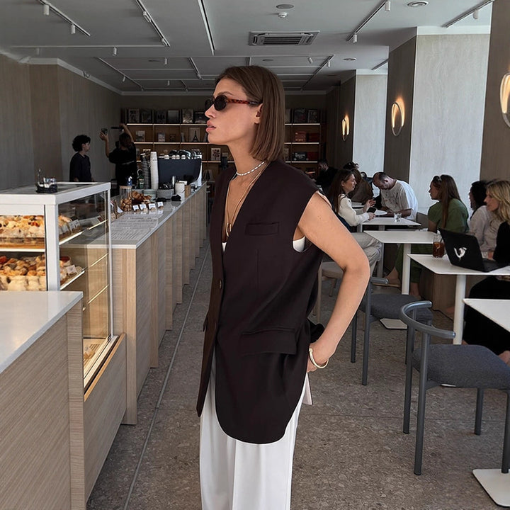 Women Sleeveless Long Blazer Vest with Structured Shoulders and Long Ties Mune Fashion