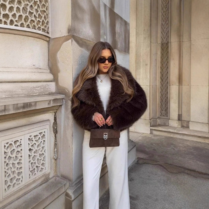 Women short jacket made of vegan high-pile faux fur with generous shawl collar Mune Fashion