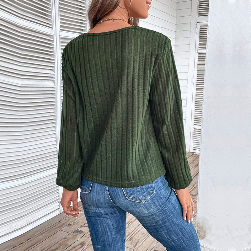 Women Ribbed V-Neck Long Sleeve Shirt with Twist Knot and Decorative Buttons Mune Fashion