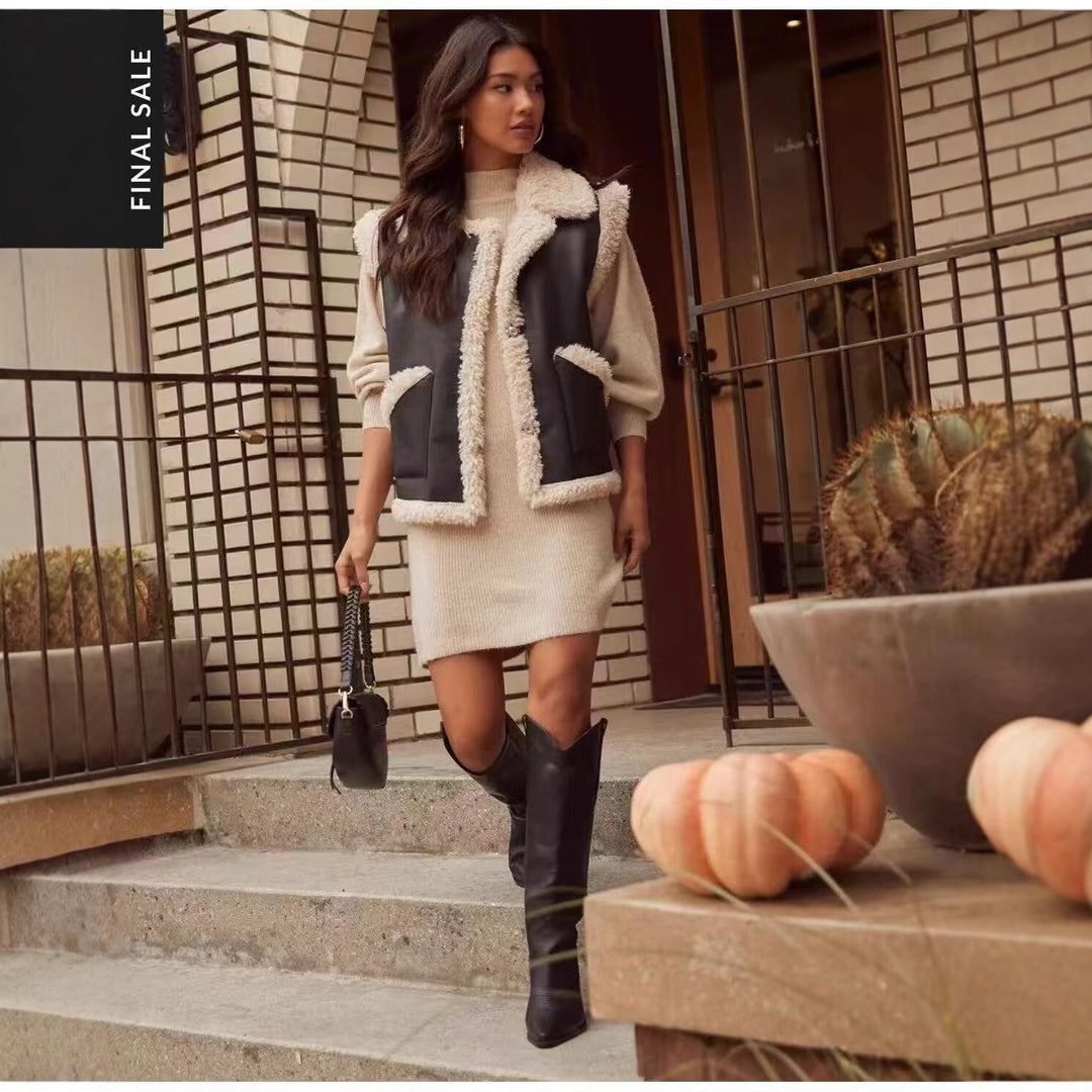 Women's Sleeveless Lambskin Look Vest with Notched Collar and Patch Pockets Mune Fashion