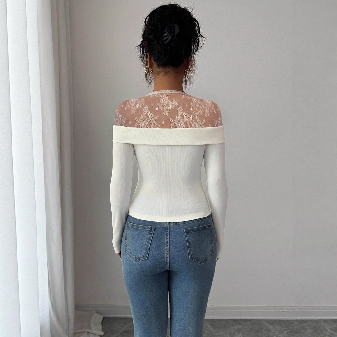 Women's figure-hugging off-shoulder ribbed knit top with lace illusion collar and flower appliqué Mune Fashion