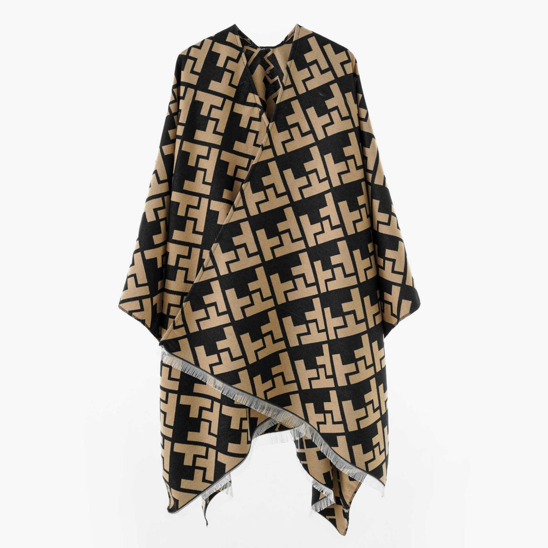 Women's Oversize Cape with Geometric Jacquard and Fringe Hem Mune Fashion