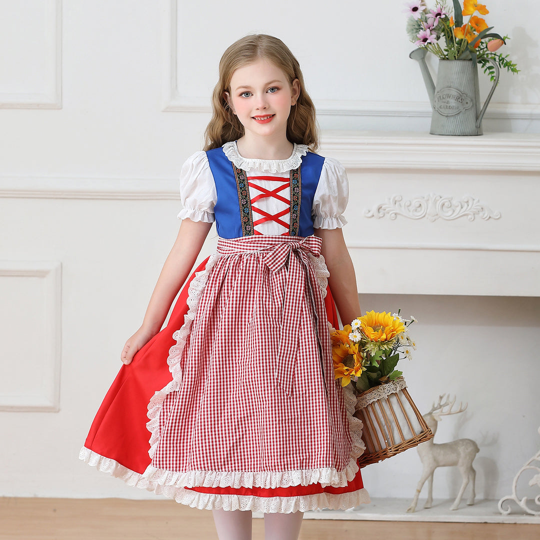 Ladies nan traditional children's dirndl dress with gathered apron and lace trim Mune Fashion