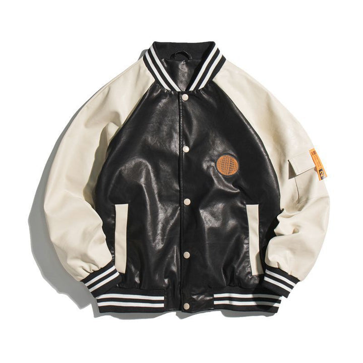 Men's collegiate bomber jacket in varsity style made of faux leather with contrast sleeves and ribbed cuffs Mune Fashion