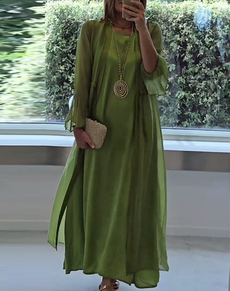 Women's double-layer evening maxi dress with transparent overlay, sleek inner dress, waist ties, and trumpet sleeves Mune Fashion