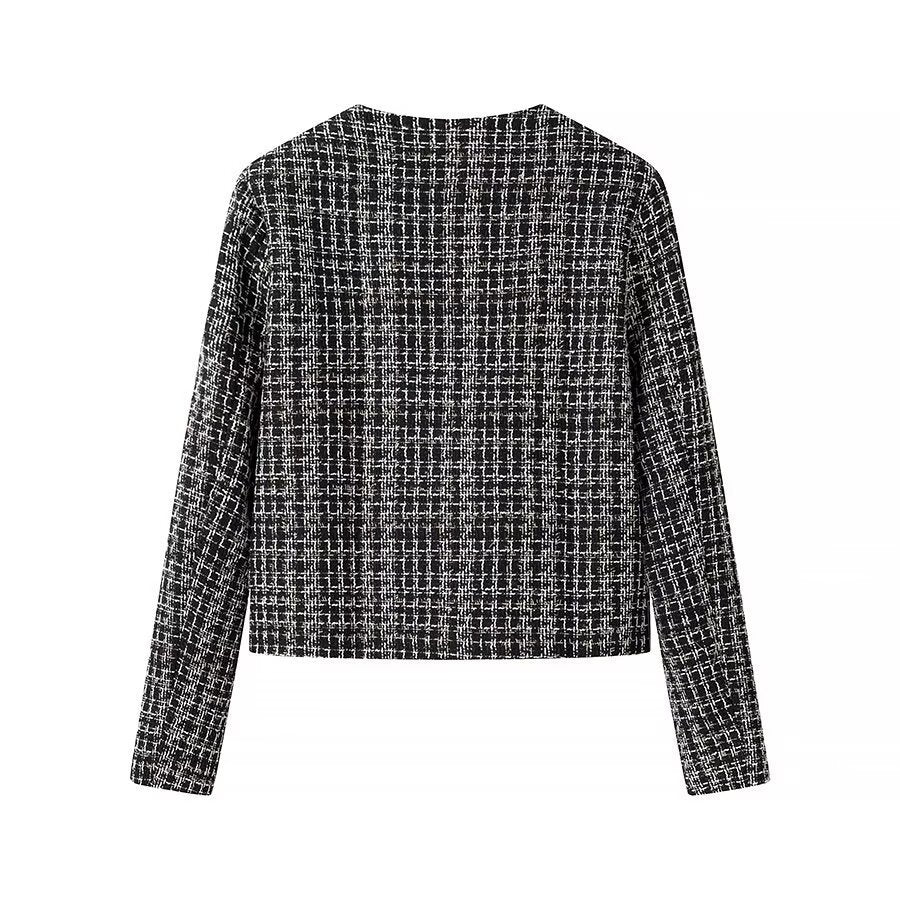 Women Short Boucle Tweed Jacket with Round Neck, Decorative Decorative Buttons and Patch Pockets Mune Fashion
