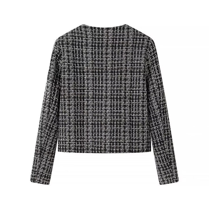 Women Short Boucle Tweed Jacket with Round Neck, Decorative Decorative Buttons and Patch Pockets Mune Fashion
