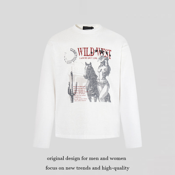 Women's Long Sleeve Shirt with Vintage Wild West Print and Round Neck Dress