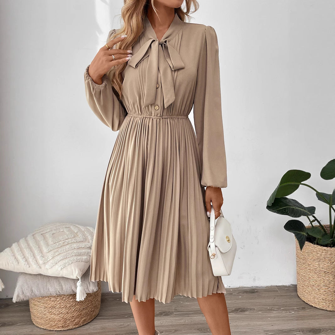 Women Pleated Midi Dress with Tie Collar, Elastic Waistline and Long Balloon Sleeves Mune Fashion