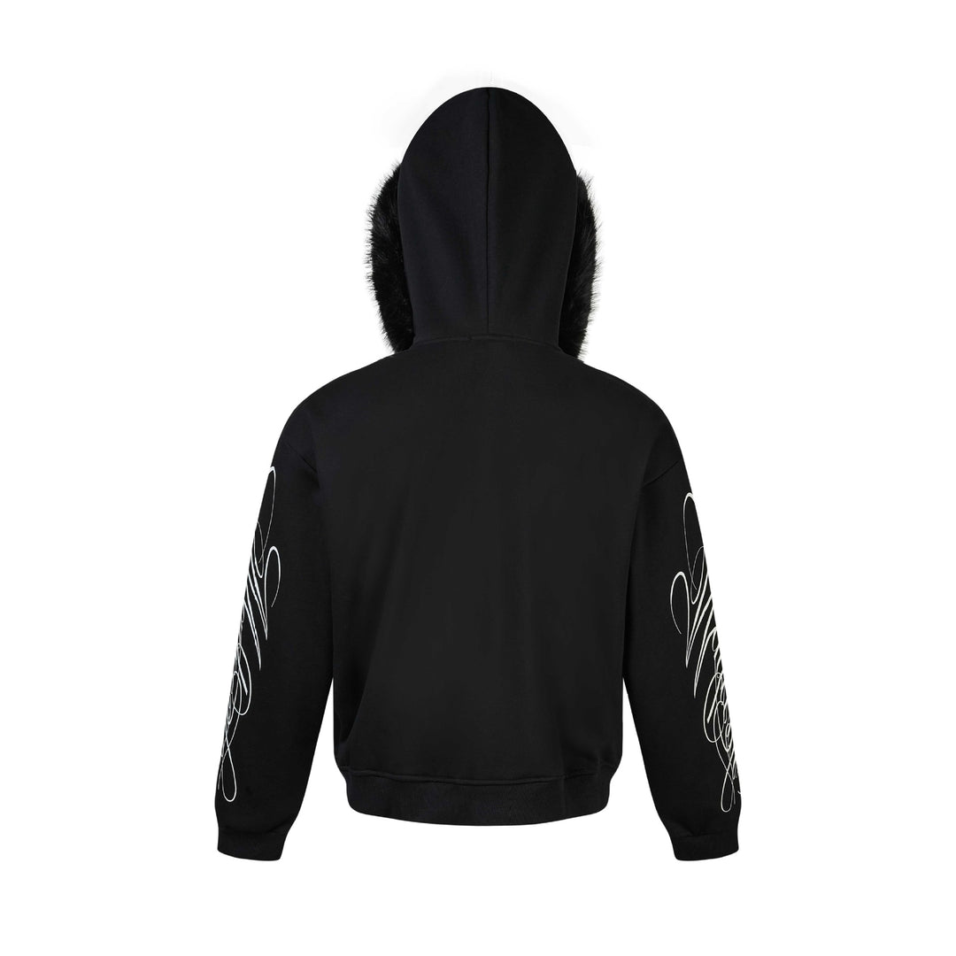 Unisex Oversize Hoodie Jacket made of cotton blend with removable faux fur trim and graphic sleeve prints Mune Fashion
